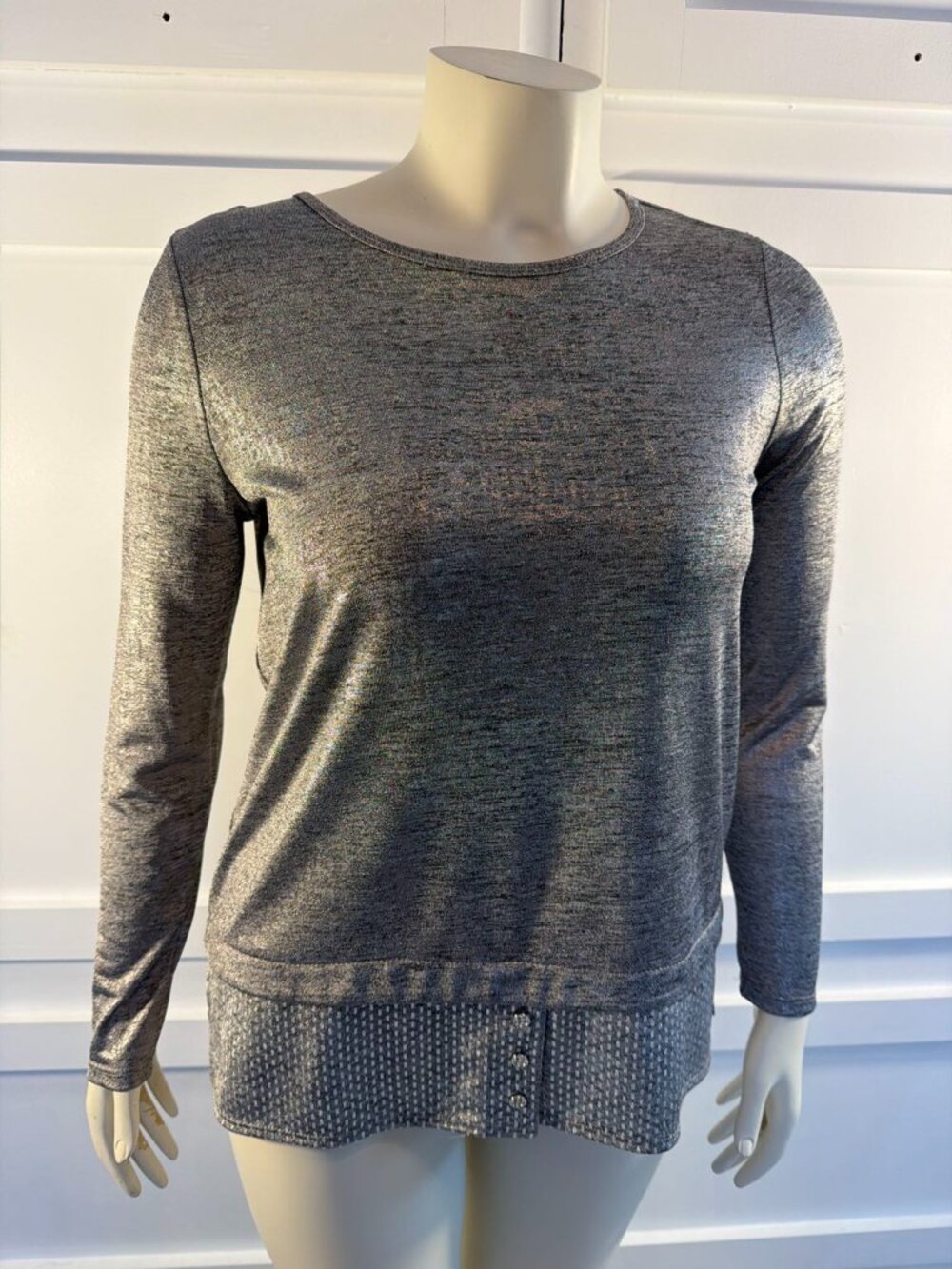 Picadilly Silver Long Sleeve Top with Button Detail